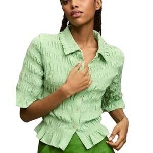 Maeve Anthropologie Smocked Button Front Top Women's Large Green Boho Hippie